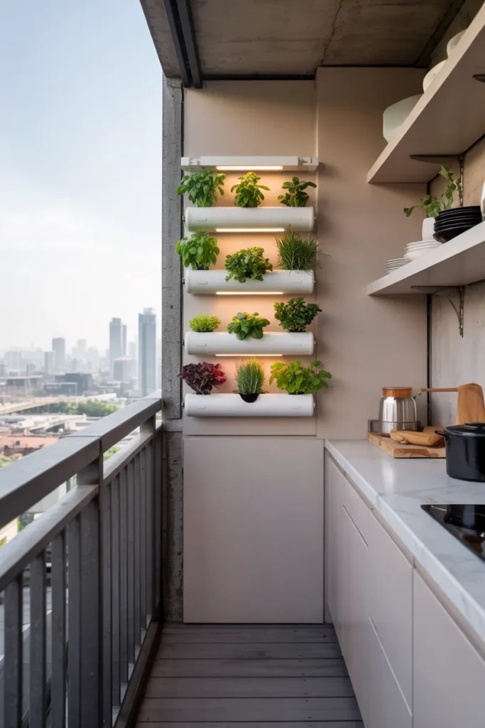 Modern narrow balcony kitchen with a mini hydroponic herb garden, compact gray kitchenette, LED grow lights, open railings, and sleek small-space apartment design.