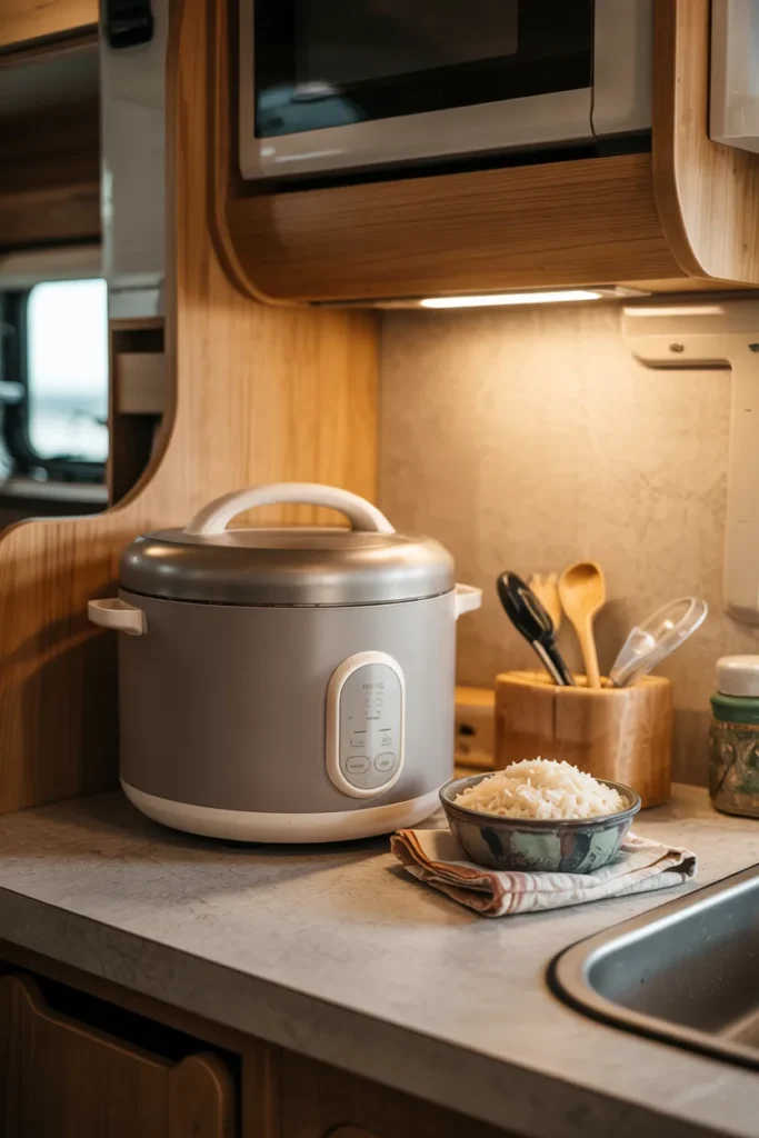 Small RV kitchenette featuring a mini multi-cooker on a small countertop