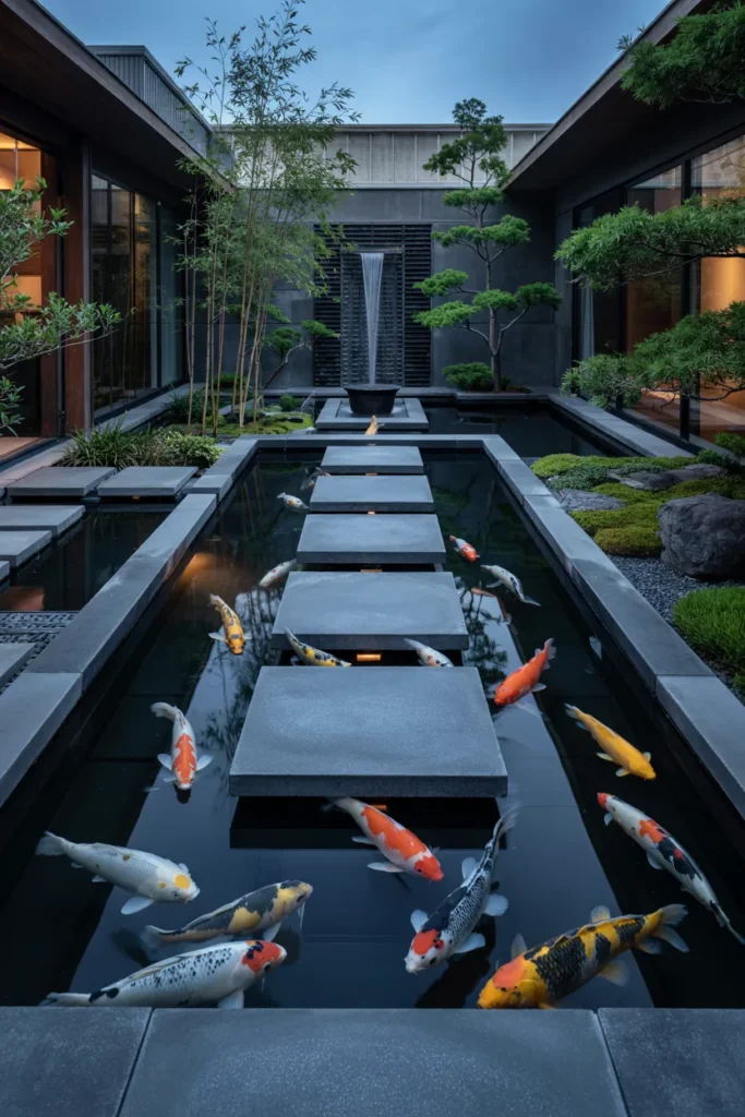 Minimalist black stone koi pond with floating stepping pads, glowing underwater LED lights, modern luxury landscaping, and colorful koi fish in a sleek Zen courtyard.