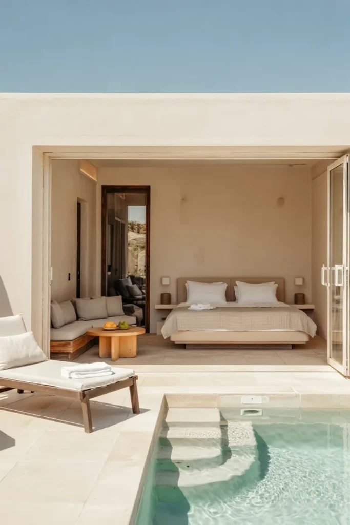 Minimalist open-plan pool house studio suite with bed, lounge area, and sliding glass doors opening to a small summer pool, styled in fresh neutral and soft color accents.