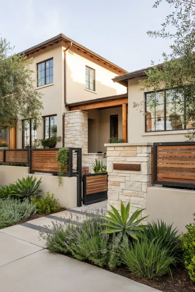 Mixed-material fencing featuring cedar wood, stone, black metal, greenery, and luxury custom front yard landscaping.