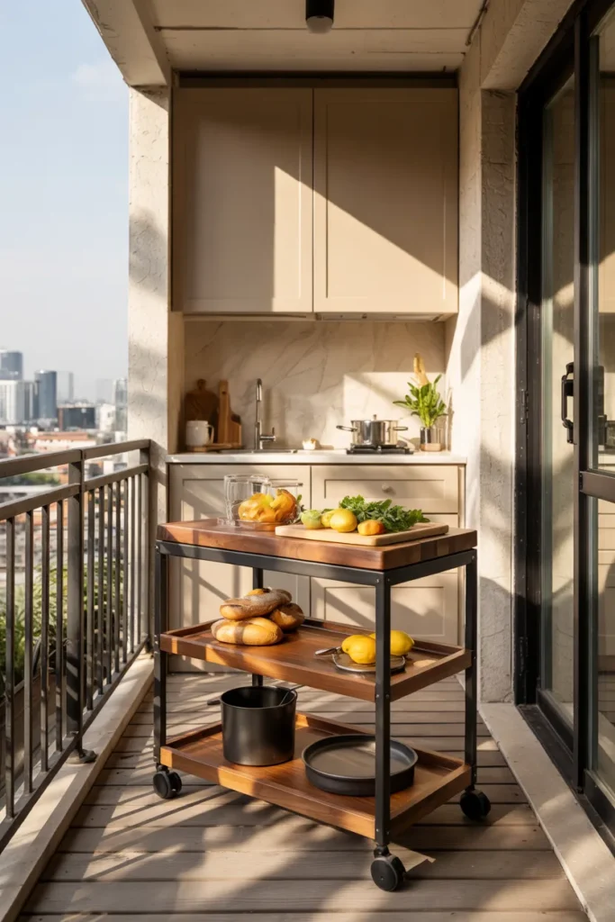Modern narrow balcony kitchen with a mobile kitchen trolley station, compact taupe kitchenette, walnut shelving, black railings, and multifunctional small-space design.