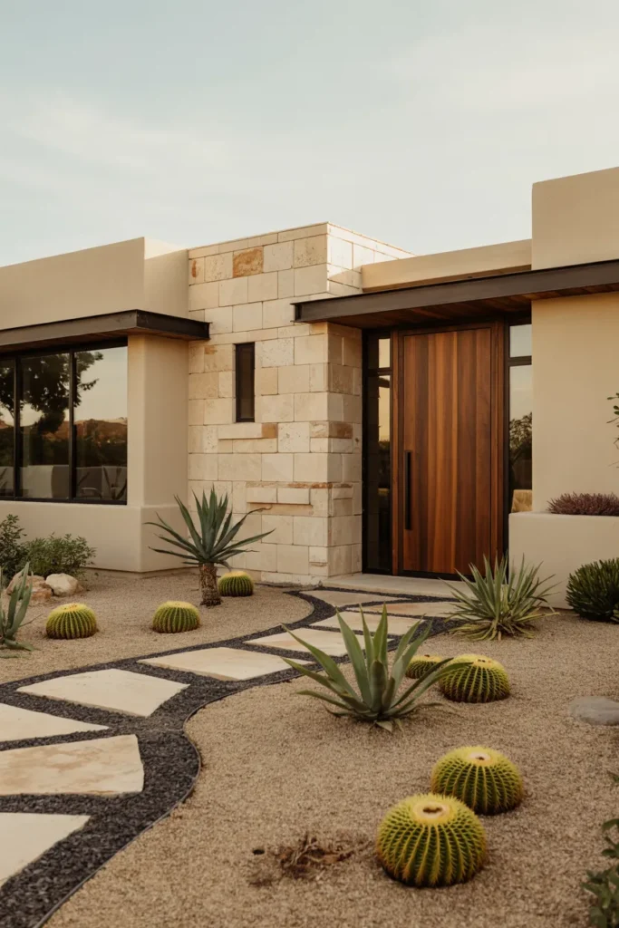 Home with luxury desert landscaping featuring agave, cactus, gravel gardens, drought-tolerant plants, and contemporary curb appeal.