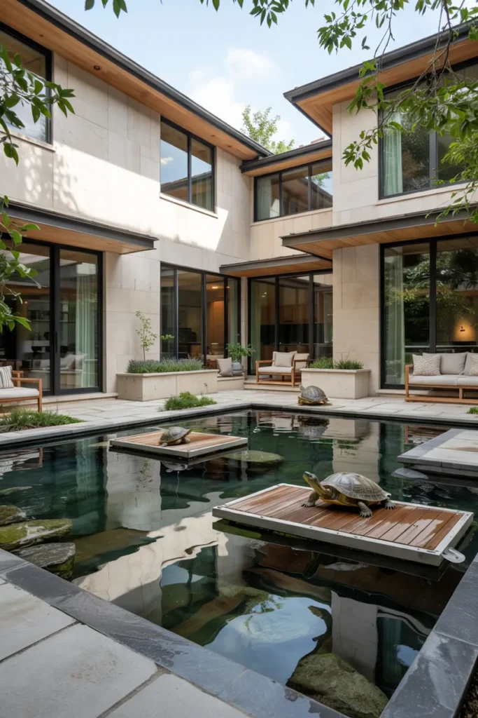 Modern turtle courtyard pond with slate walls, floating dock platforms, shallow ledges, and minimalist patio landscaping beside a modern transitional home.