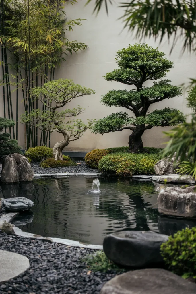 Monochrome Zen water garden with a Japanese-inspired pond, bonsai trees, charcoal gravel, smooth river stones, bamboo accents, and subtle rippling fountains.