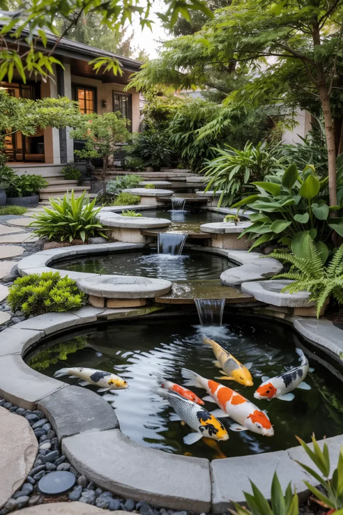 Multi-level waterfall koi pond with cascading streams, stone pathways, natural landscaping, and modern transitional home architecture.