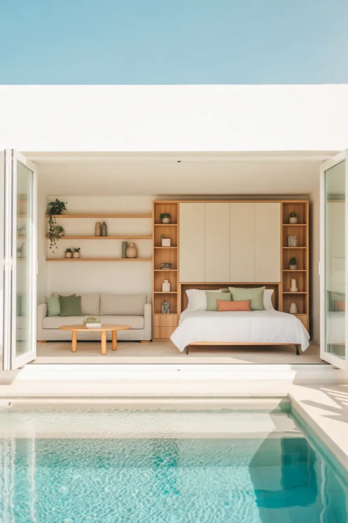 Studio pool house guest suite with a Murphy bed transforming from a modern lounge into a cozy bedroom, opening to a bright summer plunge pool.