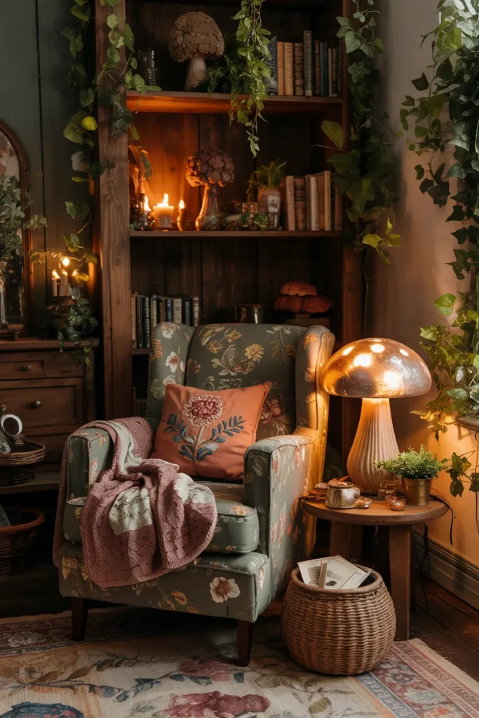 Vintage grandma aesthetic woodland decor with mushroom lamps, rabbit figurines, forest art, mossy greens, floral textiles, cozy lighting, cottagecore decor, and whimsical enchanted forest styling.