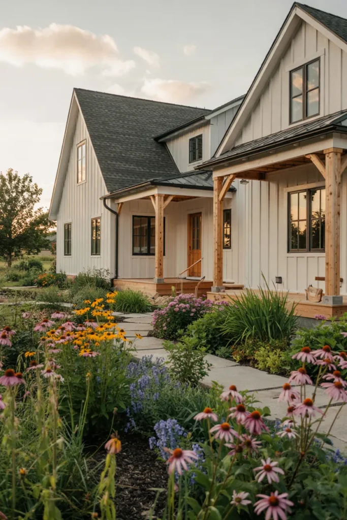 Modern American home with native pollinator front yard garden featuring wildflowers, ornamental grasses, butterflies, and eco-friendly landscaping replacing a traditional lawn.