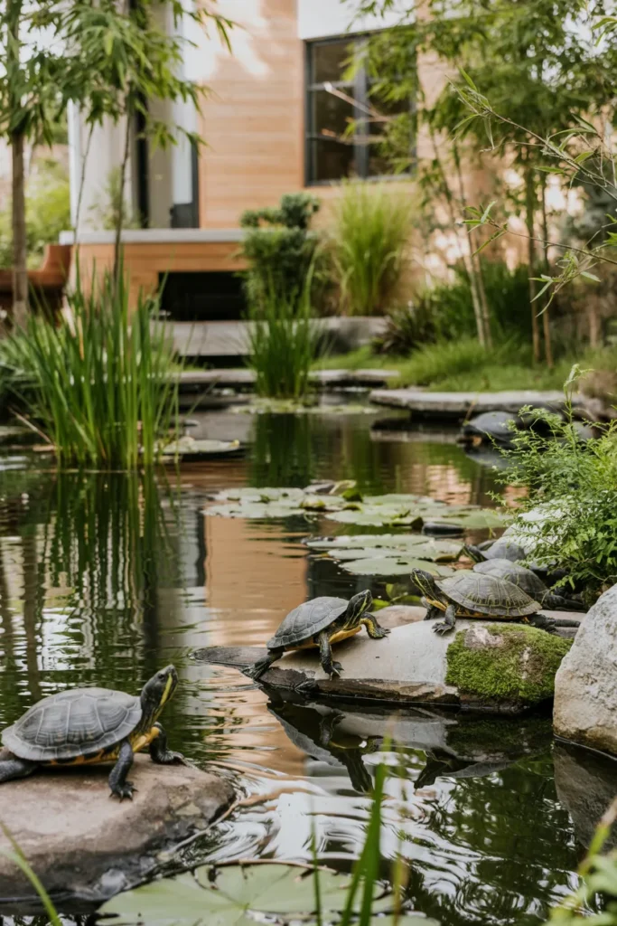 Natural bog turtle pond with marsh plants, moss-covered rocks, slow-moving water, shaded planting zones, and modern transitional home landscaping.