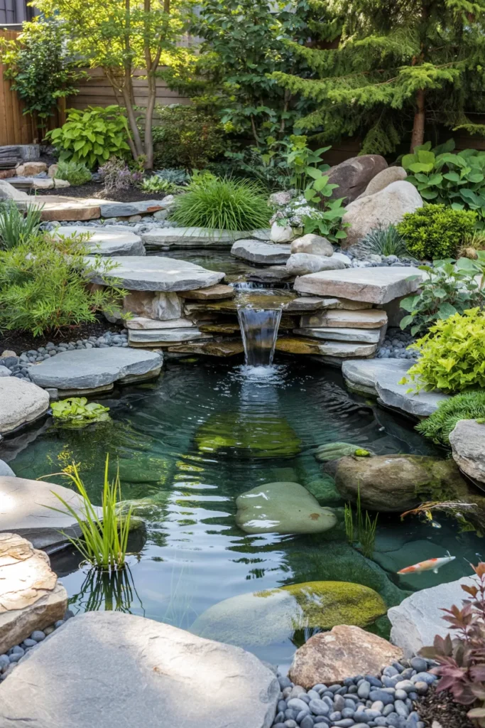 Natural rock ecosystem pond with stacked stone waterfalls, aquatic plants, gravel shelves, and modern transitional home landscaping.