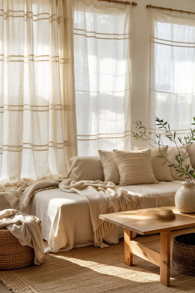 Modern boho living room with textured linen curtains in warm earthy tones, cream sofa, layered neutral textiles, warm wood furniture, ceramic decor, and soft golden sunlight creating an airy cozy atmosphere.