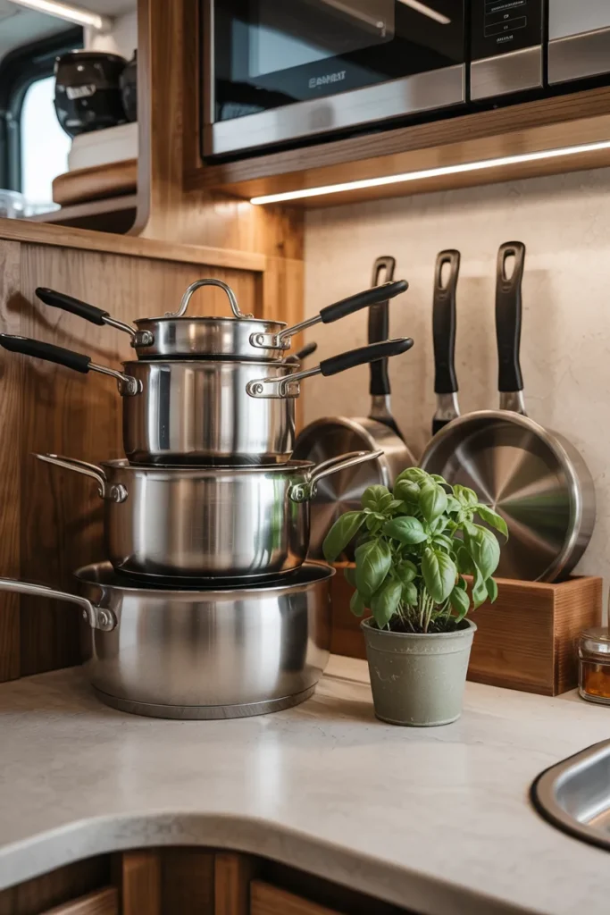 Compact RV kitchenette interior showcasing neatly stacked nesting pots and pans inside open cabinet storage with warm lighting and minimalist design.