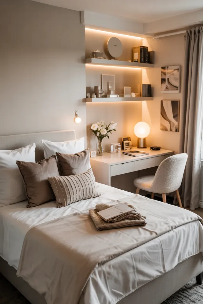 Compact neutral luxe dorm room with neatly made single bed, cream and taupe bedding, plush textures, gold accents, elegant study desk, and realistic hotel-like dorm styling.