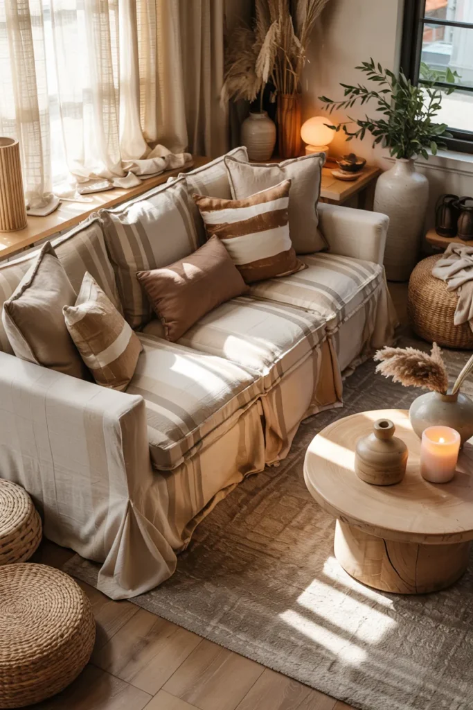 Cozy modern boho living room with a neutral striped slipcovered sofa in cream and beige tones, layered linen pillows, warm wood furniture, textured rug, soft natural lighting, woven decor, and elegant minimalist wall art.