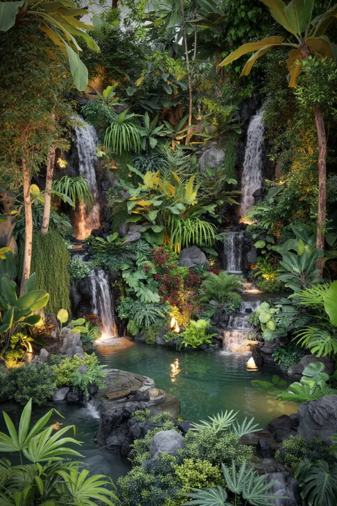Night-lit tropical waterfall garden with glowing waterfalls, lush jungle plants, mist effects, hidden lighting, and a luxury lagoon-style pond.