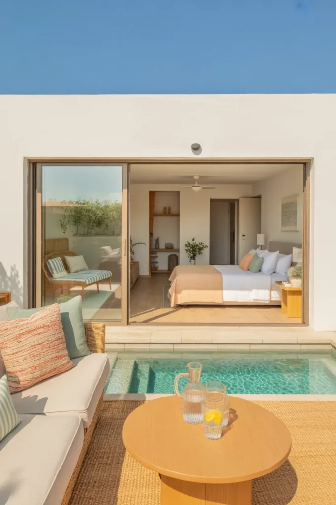 One-bedroom pool house apartment layout with separate living room and bedroom, shown in a bright summer setting with open glass doors leading to a small pool.