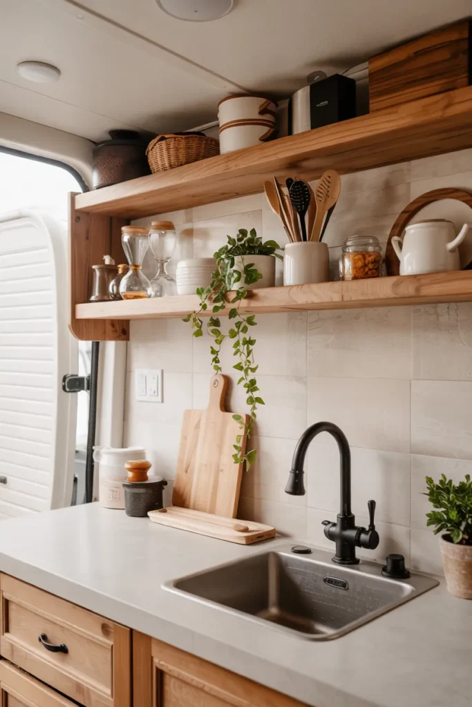Compact RV kitchenette with open wooden shelves styled with ceramics, glassware, and herbs, creating a cozy cottage-style interior with warm lighting.