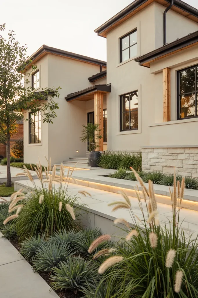Modern home with ornamental grass front yard borders featuring fountain grass, blue fescue, modern pathways, and soft flowing landscape design.