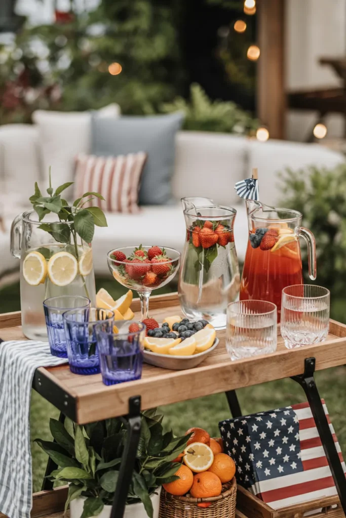Outdoor bar cart styled with patriotic drinks, fresh fruit displays, and glassware in red white and blue tones for a summer backyard party