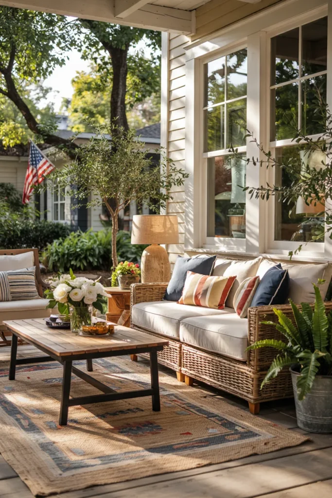 Cozy outdoor living room porch with sofa, side table, lamp, and soft red white blue accents in warm summer lighting