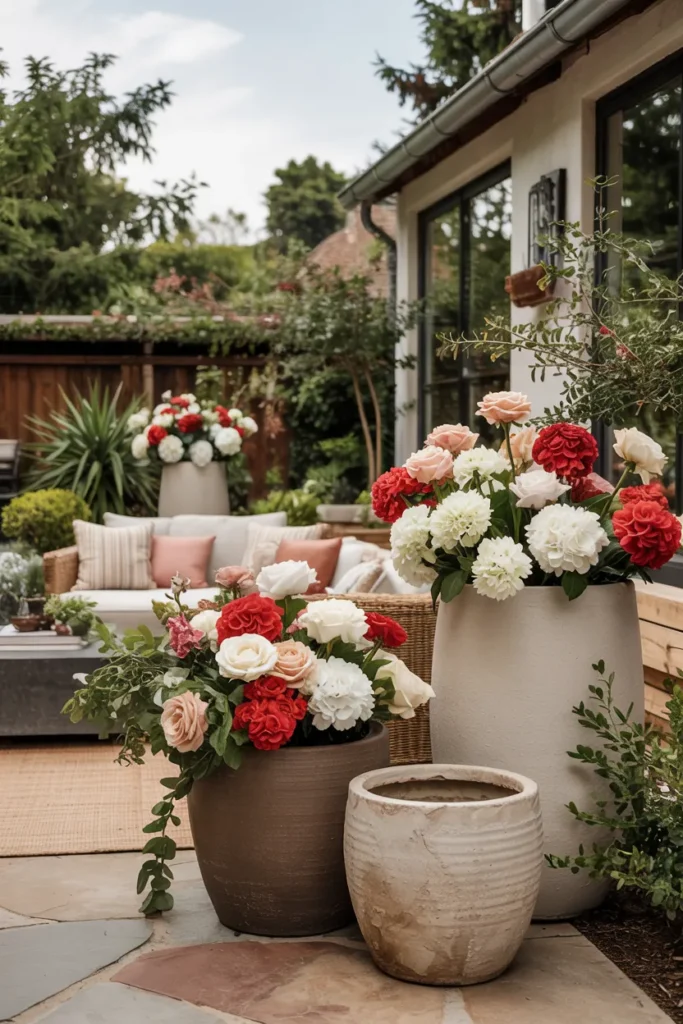 Backyard patio with oversized planters filled with red and white flowers creating a natural and elegant summer decor look