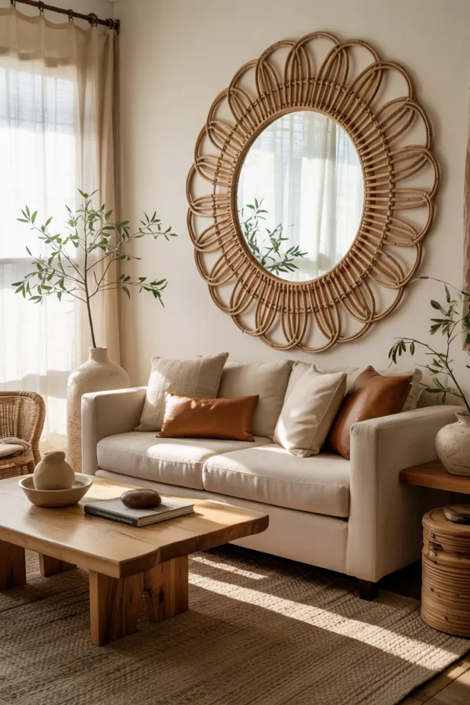 Modern boho living room with an oversized woven rattan wall mirror, cream linen sofa, layered neutral textures, warm wood furniture, jute rug, ceramic decor, and soft natural sunlight creating a cozy airy atmosphere.