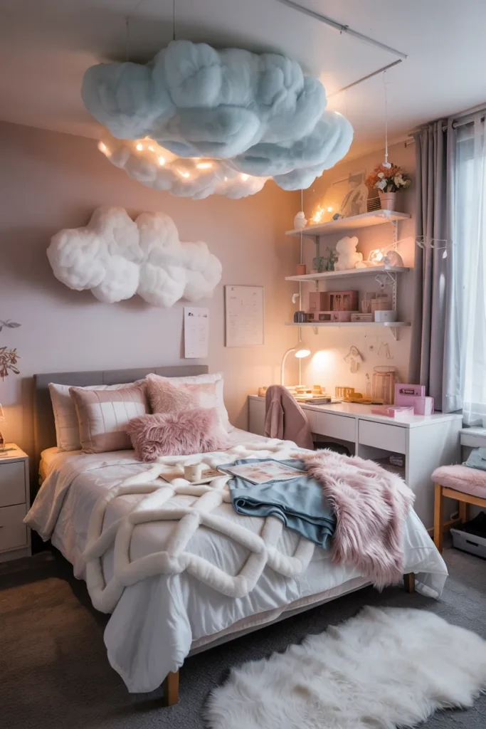 Pastel Cloudcore dorm room with neatly made single bed, blush pink and lilac bedding, fluffy textures, dreamy lighting, soft study desk setup, and cozy cloud-inspired decor.