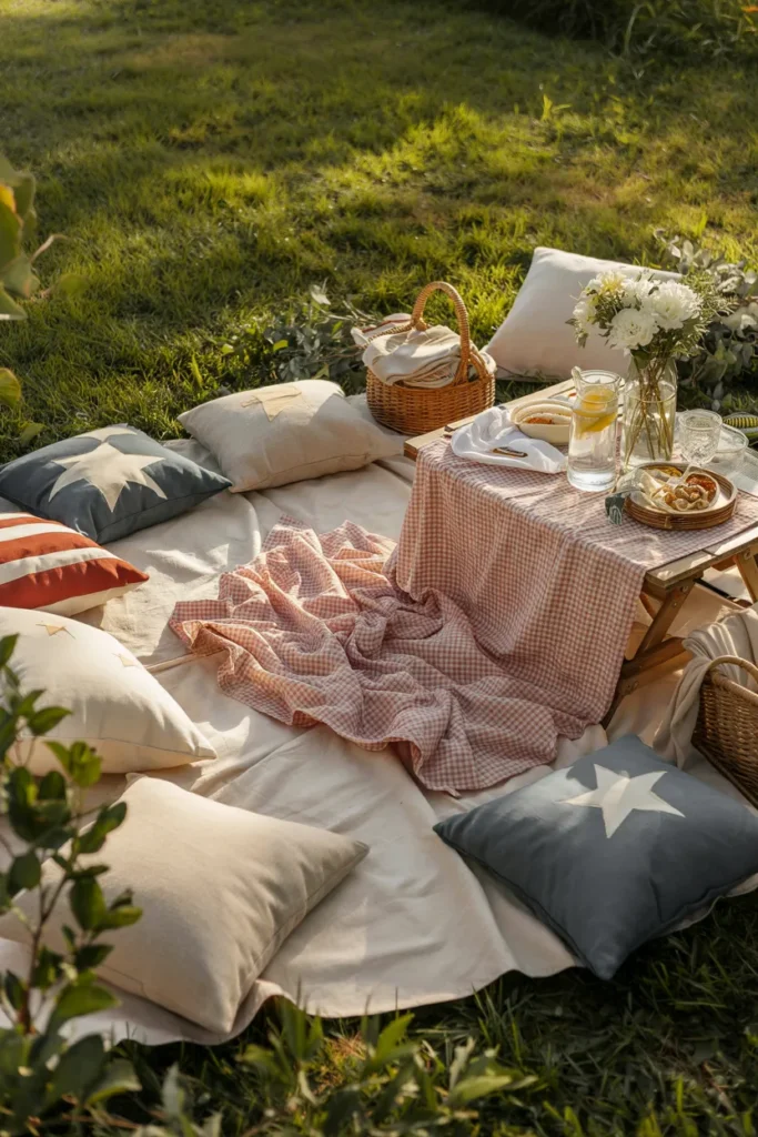 Patriotic picnic setup with gingham blanket, low seating cushions, woven baskets, and soft red white blue tones in a backyard setting