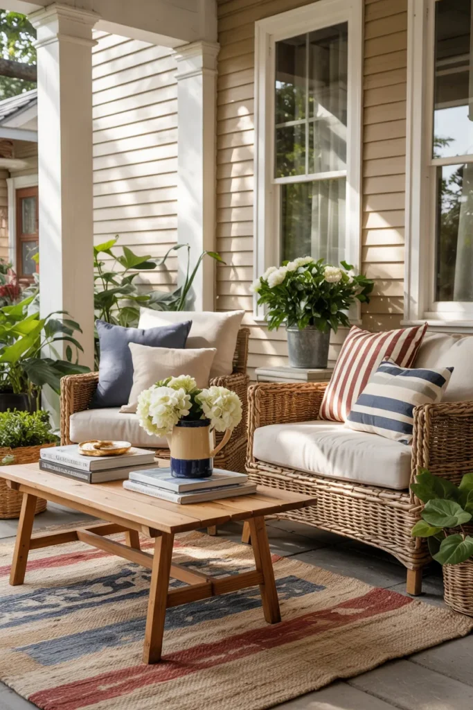 Layered patriotic front porch with muted red, white, and blue cushions, woven rug, soft summer lighting, and subtle USA decor styling
