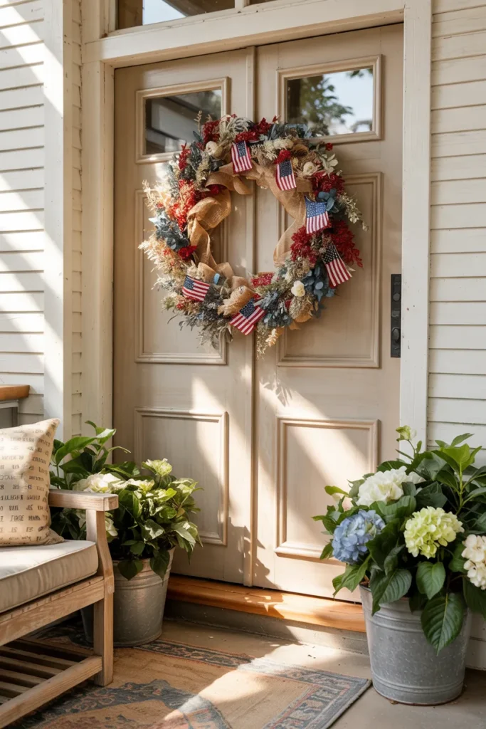 Modern farmhouse patriotic wreath with dried florals, burlap ribbon, and subtle red white blue accents on a styled summer front porch