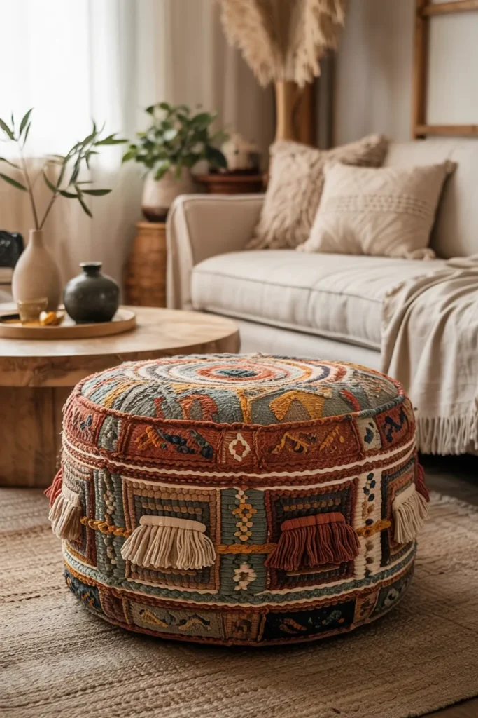 Cozy modern boho living room with a colorful patterned woven pouf, cream linen sofa, layered textured pillows, warm wood furniture, neutral rugs, and soft golden natural sunlight.