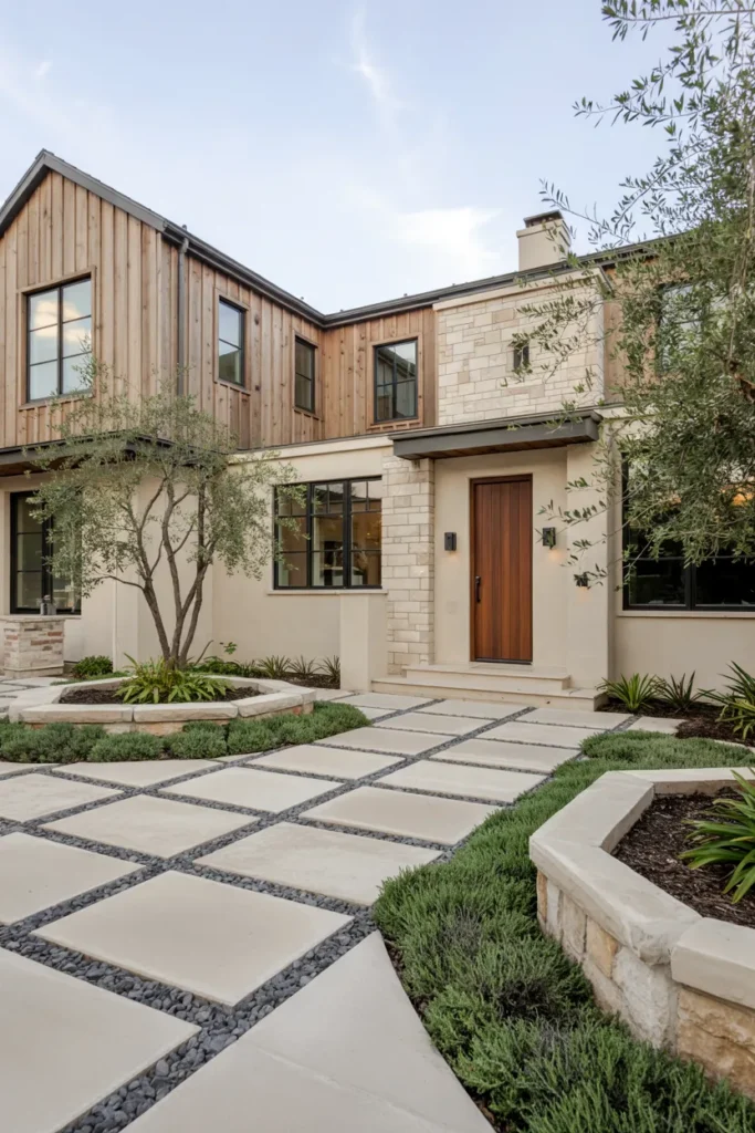 Modern American home with a luxury permeable paver driveway, eco-friendly landscaping, geometric stone paving, and quiet luxury front yard design.