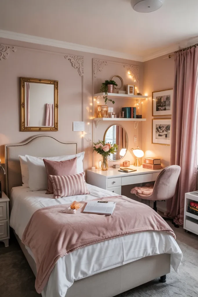 Compact pink Parisian chic dorm room with neatly made single bed, blush pink bedding, gold accents, ornate mirrors, elegant study desk, and realistic feminine dorm layout.