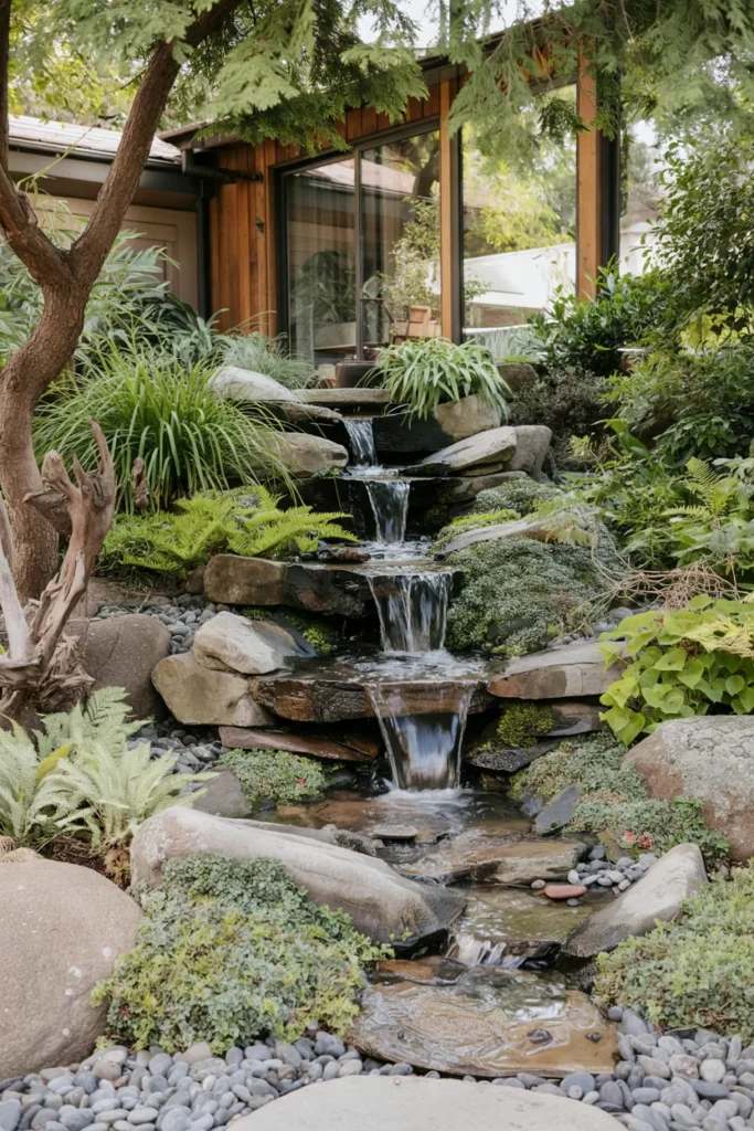 Pondless waterfall garden with disappearing stream, stacked stone waterfalls, lush landscaping, and modern transitional home backyard design.