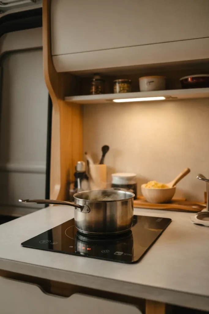 Compact RV kitchenette with portable induction cooktop in use on a small countertop, showing a space-saving, temporary cooking setup