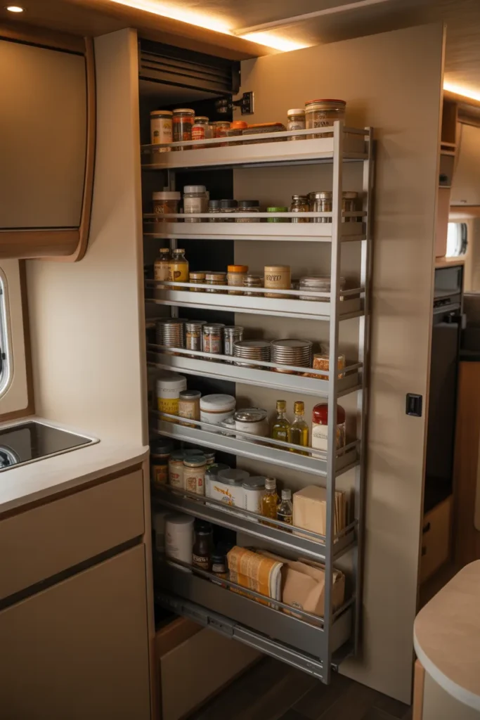 RV pull-out pantry drawer fully extended, showing neatly organized small food items on slim shelves in a tight space-saving kitchen layout