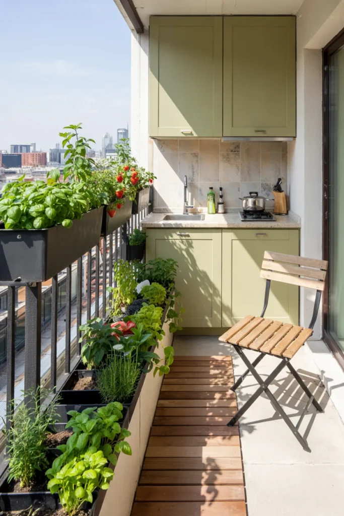 Small modern balcony kitchen with railing planter herb garden, olive green kitchenette, open black railings, teak flooring, and compact urban apartment styling.