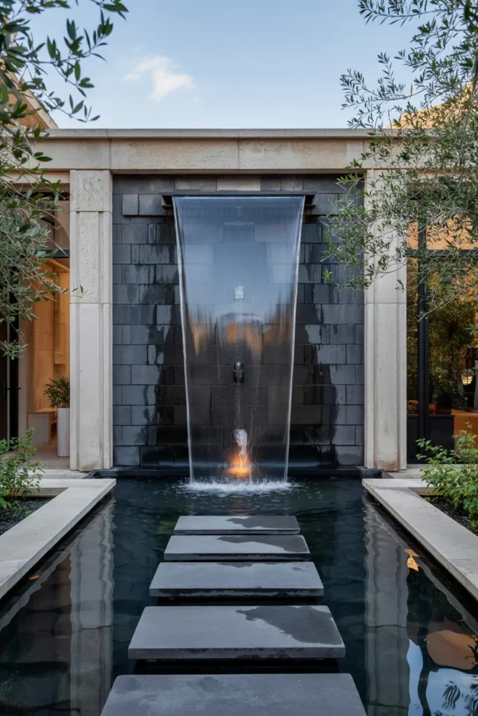 Modern rain curtain water feature with a falling sheet fountain wall, narrow reflecting pond, and elegant contemporary courtyard landscaping.