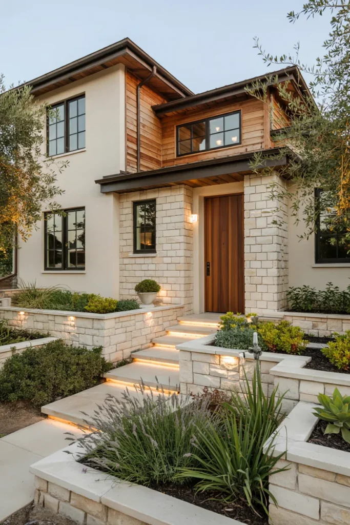 Raised stone garden beds, corten steel edging, layered landscaping, and luxurious architectural front yard design.