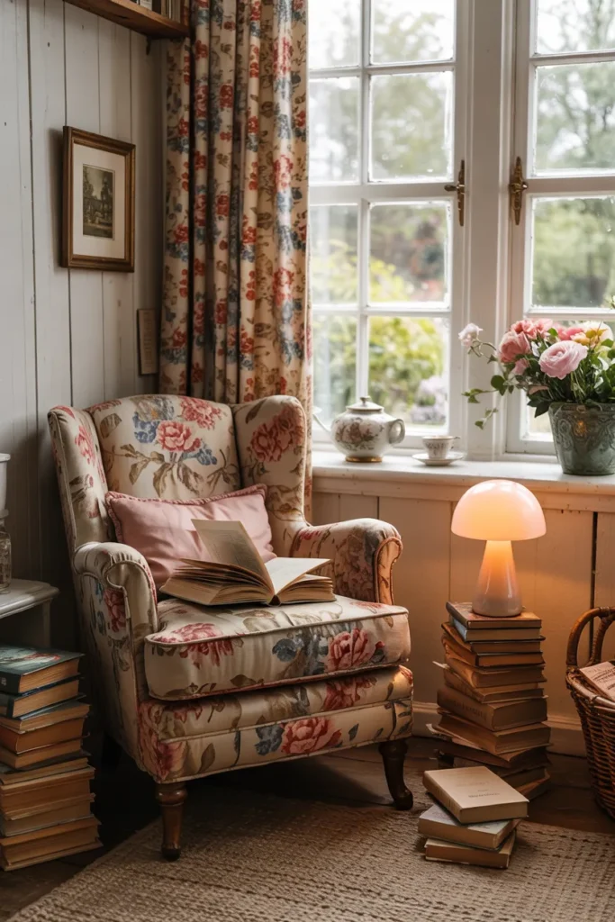 Vintage grandma aesthetic reading nook with oversized floral armchair, crochet blanket, mushroom lamp, old books, floral curtains, cozy tea table, warm lighting, and whimsical cottagecore decor.