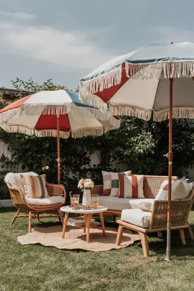 Backyard patio with retro fringe umbrellas in muted red white and blue stripes, cozy seating, and warm summer lighting