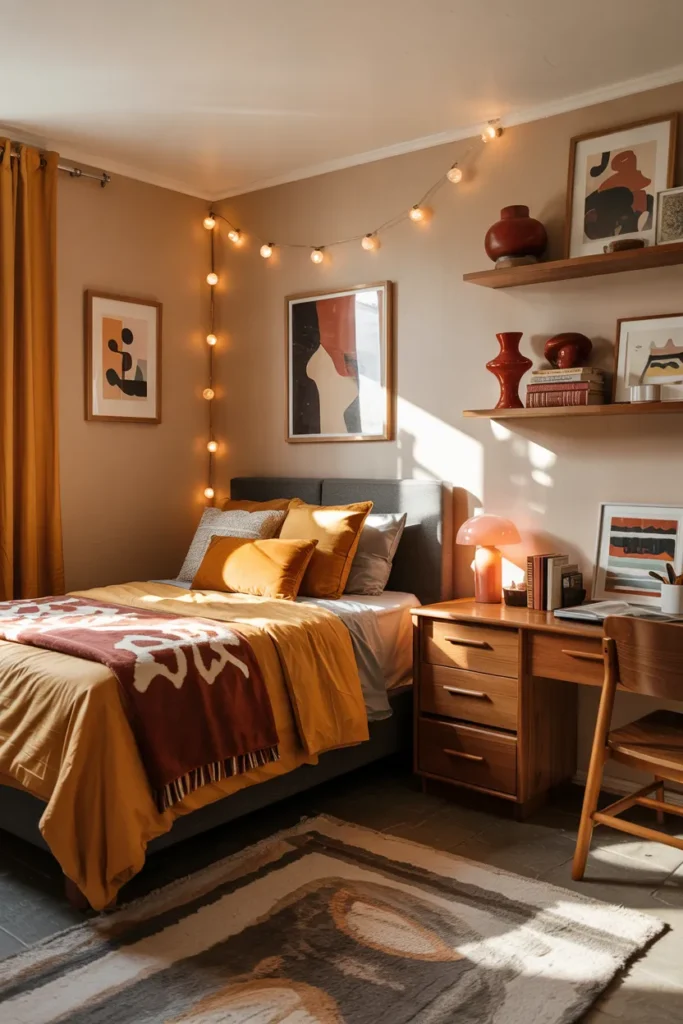 Compact retro 70s dorm room with neatly made single bed, mustard and rust bedding, groovy prints, curved decor, cozy study desk, and realistic vintage-inspired dorm layout.