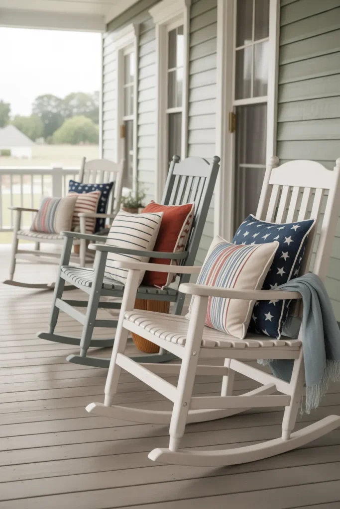 Front porch rocking chairs with modern patriotic cushions in muted red and blue patterns styled for a cozy summer look