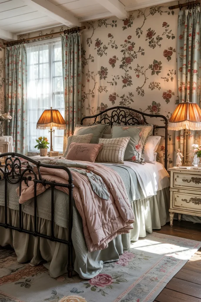 Romantic vintage grandma aesthetic bedroom with ruffled bedding, floral wallpaper, quilts, lace curtains, vintage lamps, soft sage and dusty rose tones, layered cottagecore decor, and cozy nostalgic styling.