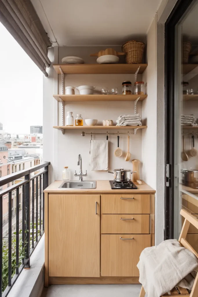 Small Scandinavian balcony kitchen with light oak cabinetry, soft neutral tones, pale stone countertop, open black railings, and a bright airy minimalist layout.