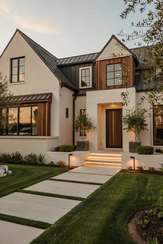Transitional home with sculptural minimalist front yard landscaping, geometric pavers, ornamental grasses, sculpted shrubs, and luxurious architectural curb appeal.
