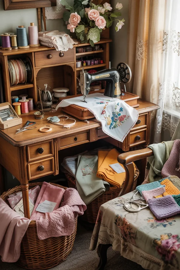 Vintage grandma aesthetic sewing and craft corner with yarn baskets, embroidery hoops, patchwork fabrics, vintage scissors, wooden sewing desk, floral wallpaper, warm lighting, and cozy cottagecore decor.