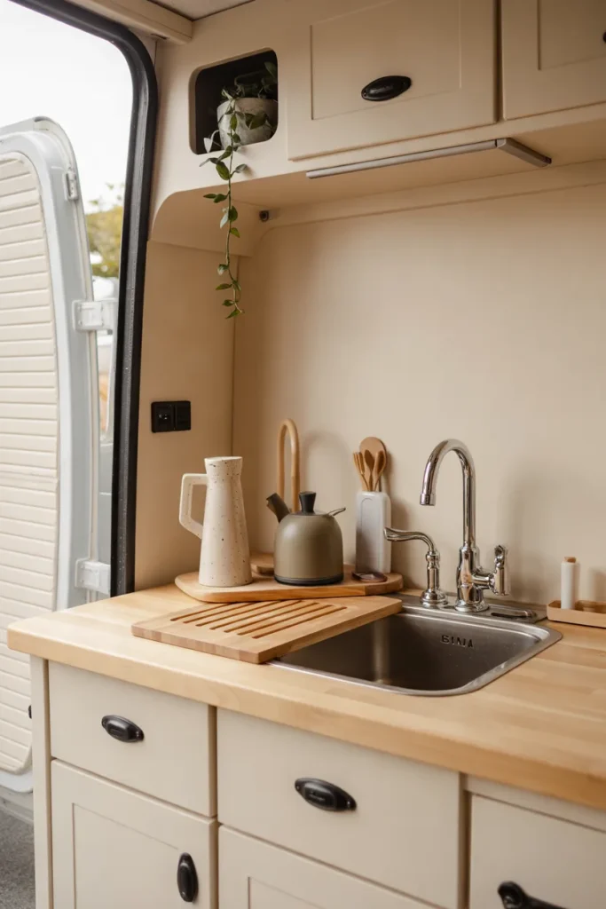 RV kitchenette featuring a light birch wood butcher-block countertop. A matching wooden sink cover sits flush over a hidden sink, creating a seamless and expanded prep area. 