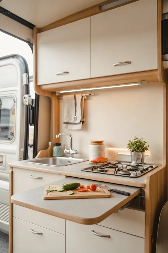 Compact RV kitchenette with slide-out prep counter extended like a drawer, featuring light wood cabinets, soft lighting, and a clean, space-saving design